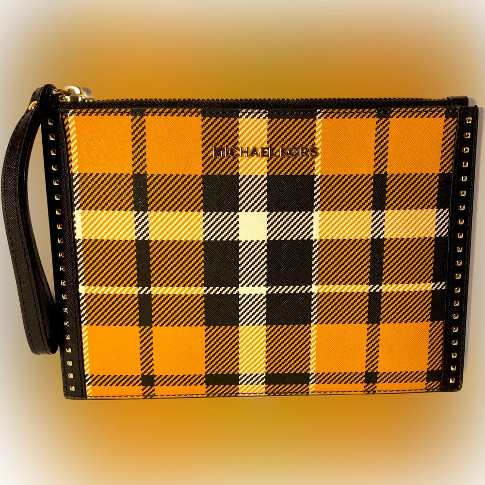 Michael Kors pouch in orange and black plaid